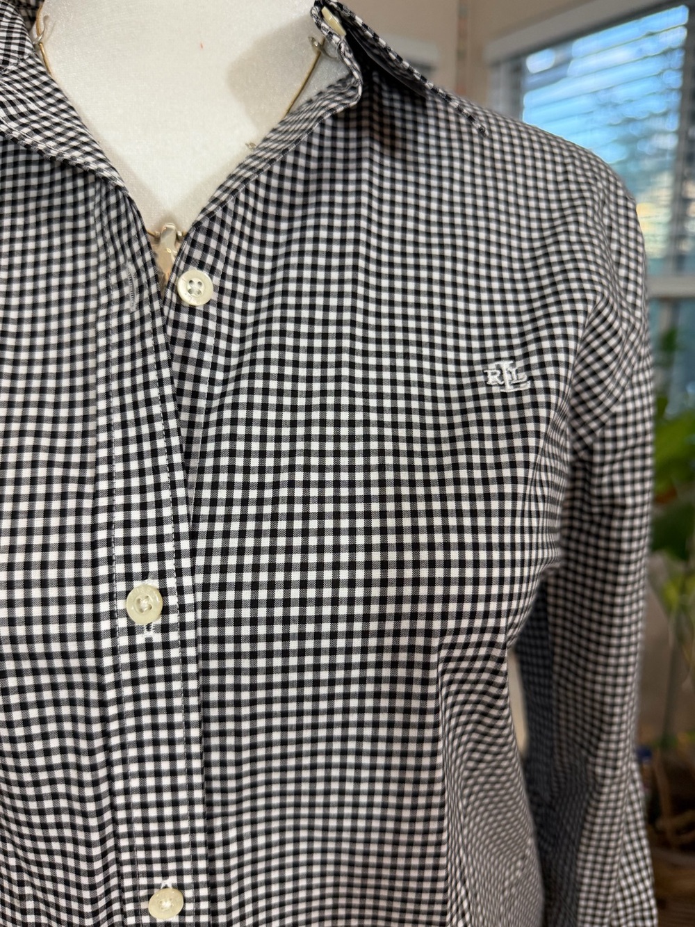 Lauren Ralph Lauren GINGHAM Button Up Shirt Top Black White Cotton Size S Preppy - Picture 5 of 10